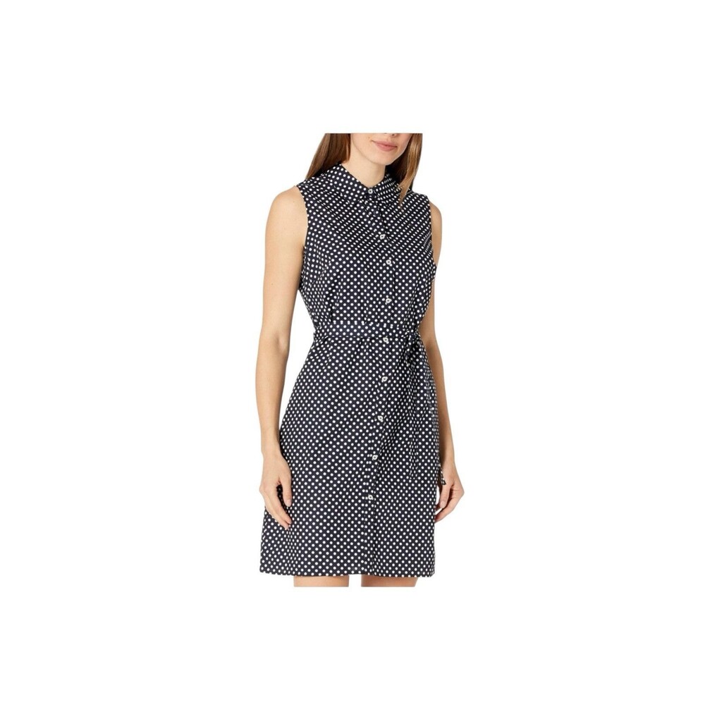 Tommy Hilfiger Navy And White Polka Dot Sleeveless Belted Dress Size 8 New!